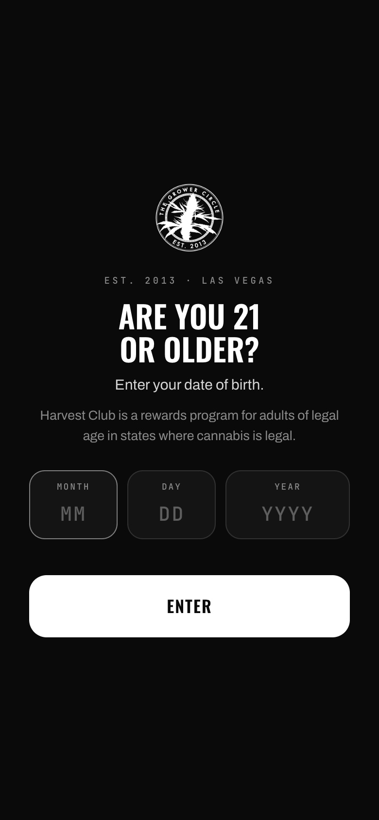 1. The age check every new visitor sees first: a full date of birth.