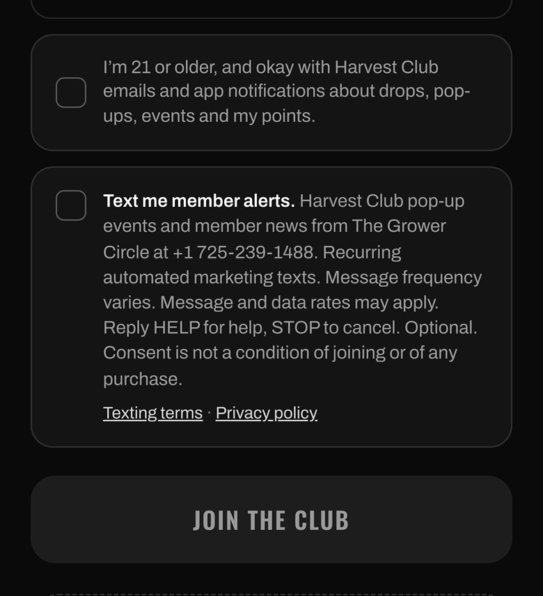 2. The join form: the required 21+ box, then the separate texting box, unchecked.