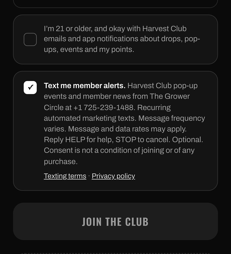 3. The same form after the person ticks the texting box themselves.