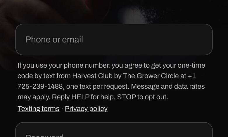 4. Sign-in: the line under the phone field before a code is texted.